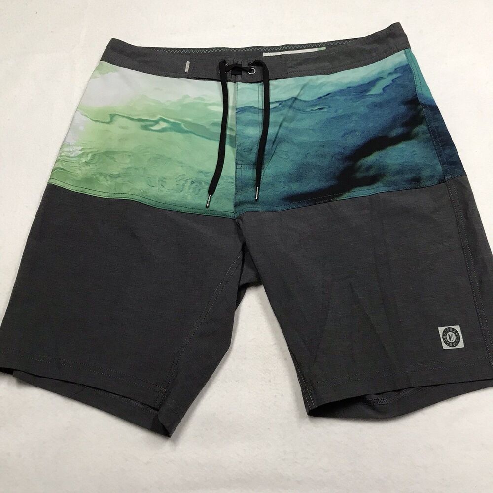 LINKSOUL Swim Board Trunks Men 34 Gray Green Blue Print Unlined Drawstring